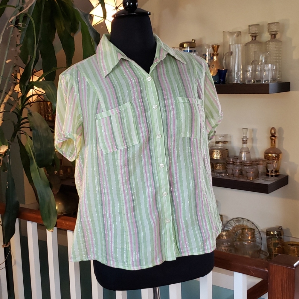 Style &Co Womens Green And Pink Pinstripe Lightweight Camp Shirt